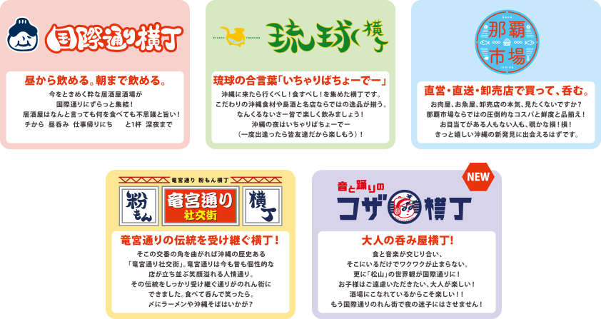「国際通り横丁」「那覇市場」「琉球横丁」「竜宮通り 粉もん横丁」「音と踊りのコザ横丁」
